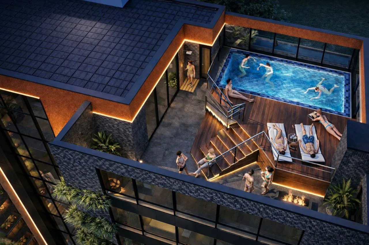 Rooftop com piscina — noite
